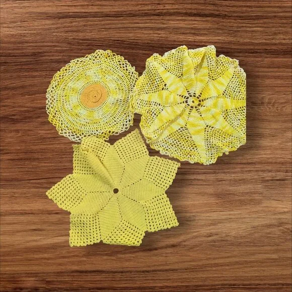 Crocheted Yellow Starburst Lace‎ Doily Set Of 3 Handmade ~12