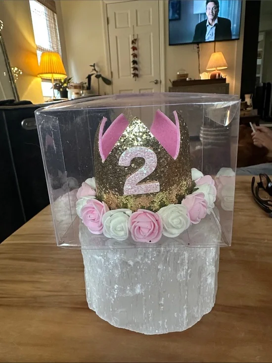 Sweet Winks Gold Glitter Number 2 Birthday Crown with Pink & White Roses  new