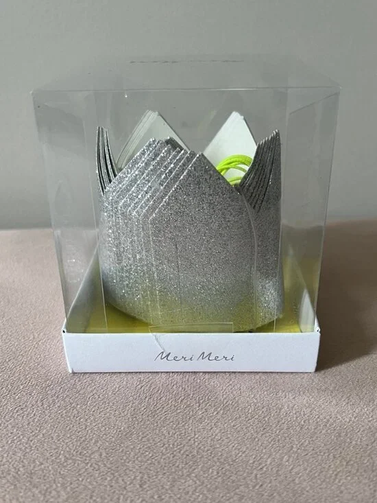 Meri Meri Mini Silver Glitter Crown Party Hats Set of 8 NEW