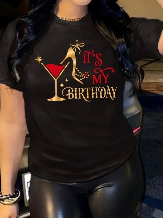 SHEIN Black Tee with Gold & Red Birthday Graphic