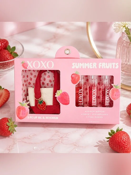 XOXO Summer Fruits 3 Lip Oils & Mini Tote Keychain Set