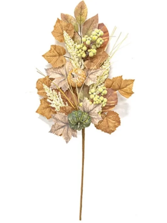 Autumn Harvest Faux Pumpkin & Leaf Stem - Orange