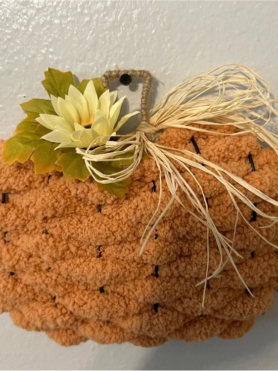 Handmade Orange Pumpkin Wall Hanging with Yellow Flower Accent