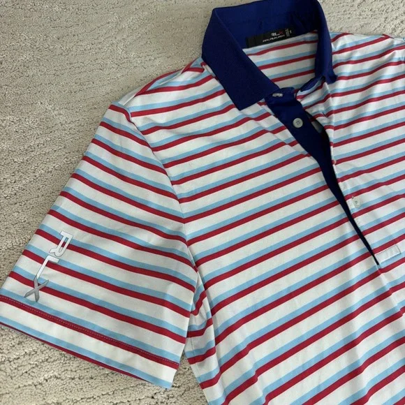 Men's RLX Ralph Lauren Size Small Red White Blue Striped Performance Golf Polo