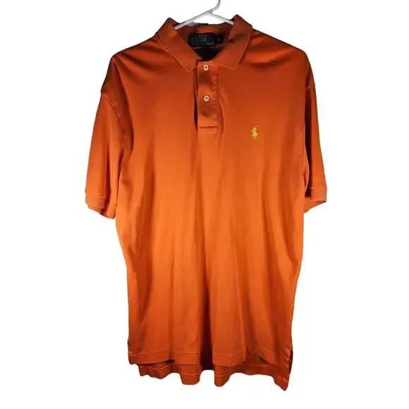 Ralph Lauren Polo Mens Shirt Orange‎ Short Sleeve Yellow Logo Sz Medium