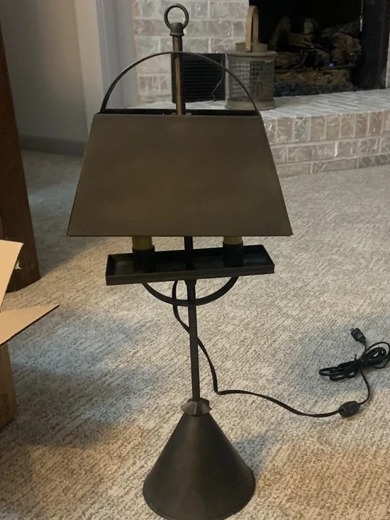 VINTAGE PRIMITIVE ADJ. EARLY AMERICAN REPROD BLACK TIN DUAL LIGHT TABLE LAMP EUC