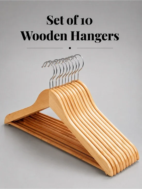 Set of 10 Natural Wood Clothes Hangers