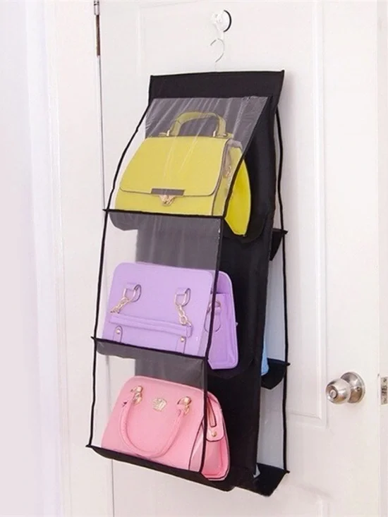 Black Over-the-Door Purse Organizer with Clear Front Panels - Black