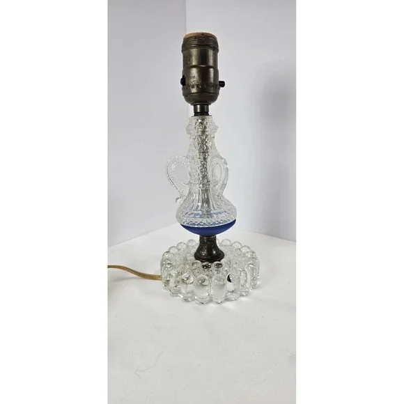 Vintage Clear Pressed Glass Boudoir Table Lamp Base Blue‎ Accent - Working