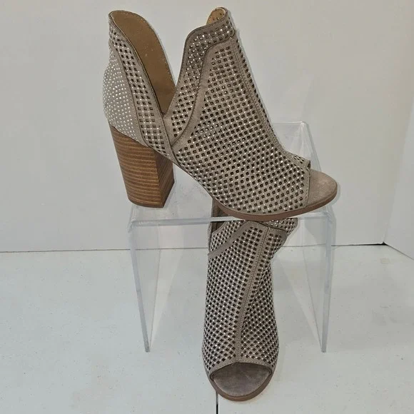 Taupe Suede Laser Cut Studded Peep Toe Block Heel Boots Size 8.5 German outsole‎