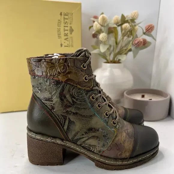L'Artiste by Spring Step Fallinluv Leather Boot Olive Multi Women 4.5-5 NWB