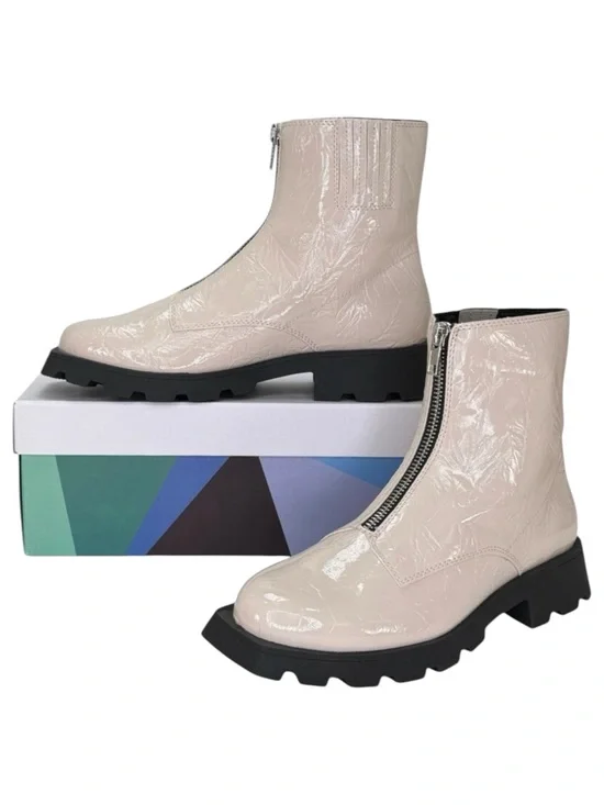 Katy Perry Collections Cream Patent Leather Ankle Boots with Black Lug Sole