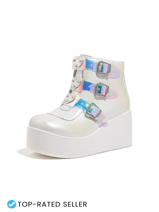 Women's Platform Chunky Ankle Boots Wedges Round Toe Zipper Buckle Detail Thick