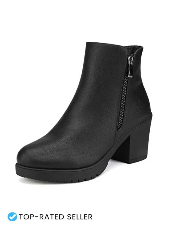 Women's Chunky Heel Ankle Booties with Side Zipper, Faux Fur Trim