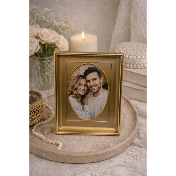 Vintage Gold‎ Metal Picture Frame Oval Opening 5x7 Rectangle Tabletop Wall Mount