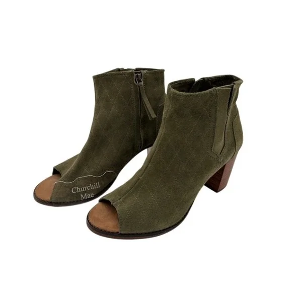 TOMS Olive Green Suede Peep Toe‎ Heeled Booties Ankle Boots Women's Size US 10