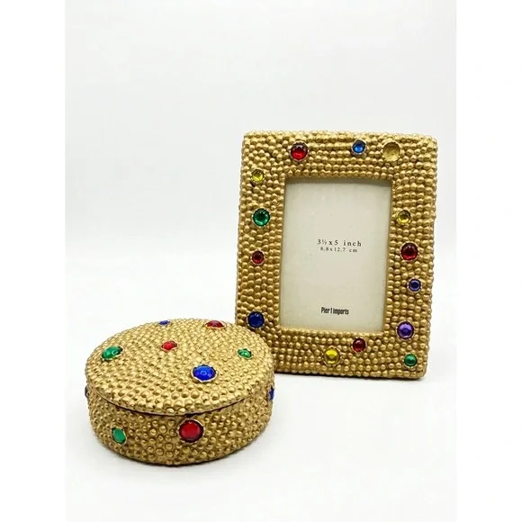 Pier‎ 1 Gold Beaded Jeweled 3.5x5 Photo Frame and Matching Trinket Box Set