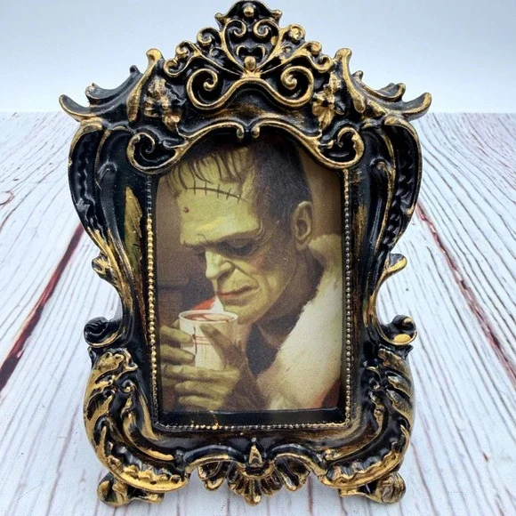 Frankenstein Monster Coffee Art Print Ornate Black Gold Resin Frame Gothic