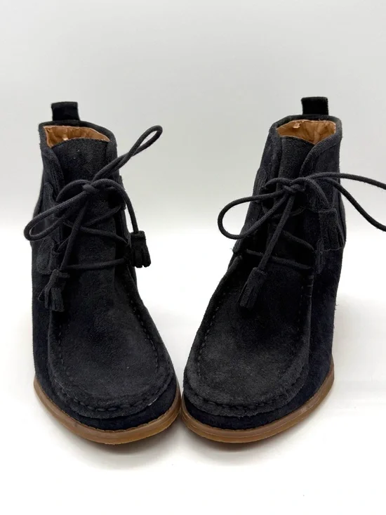 Lucky Brand Black Suede Tassel Lace-Up Ankle Booties