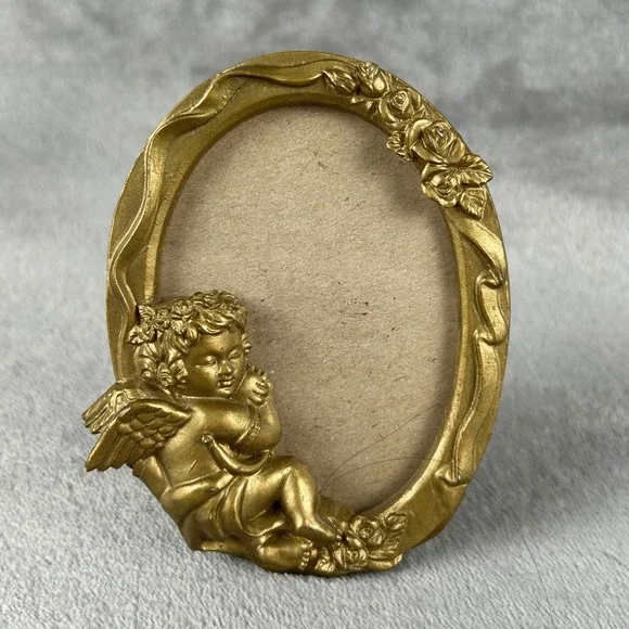 Vintage Gold Cherub Angel Oval Picture Frame Rose Floral Miniature Tabletop 4x3