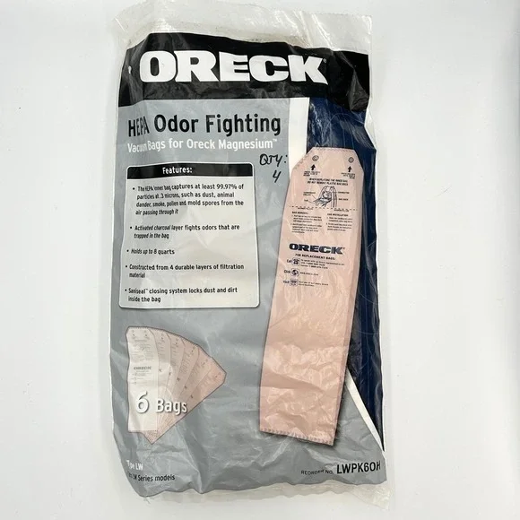 Oreck Magnesium HEPA Odor Fighting‎ Vacuum Bags Type LW LWPK60H 4-Pack Tan