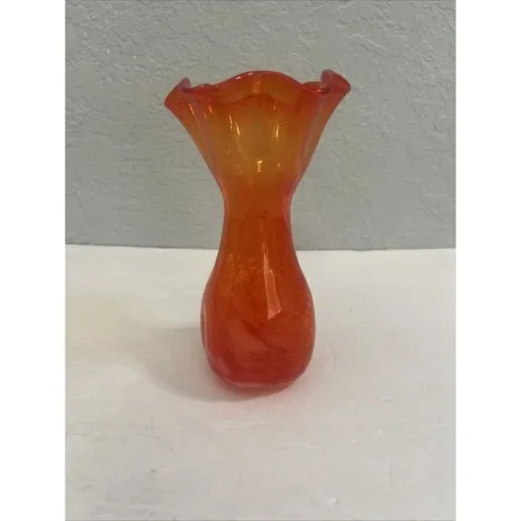 Vintage Red, Orange& White Swirl Glass Bud Vase With‎ Ruffle Top