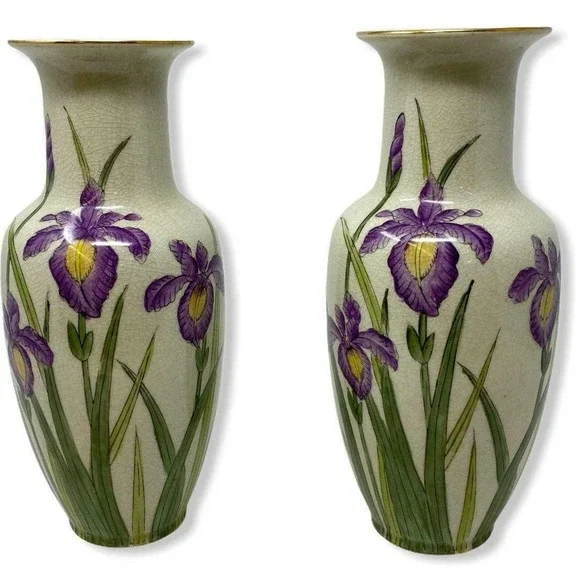 Vtg Andrea by Sadek Pair of Vases Hand painted Purple Iris Signed & Numbered 10