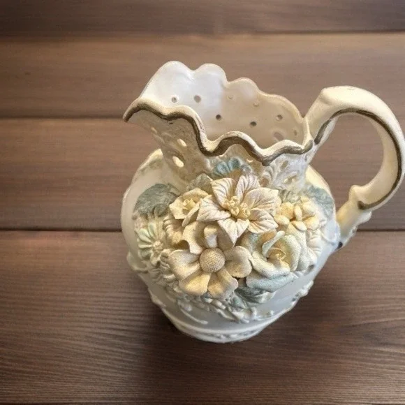 Capodimonte Porcelain Floral Pitcher Vase Reticulated Scalloped 7