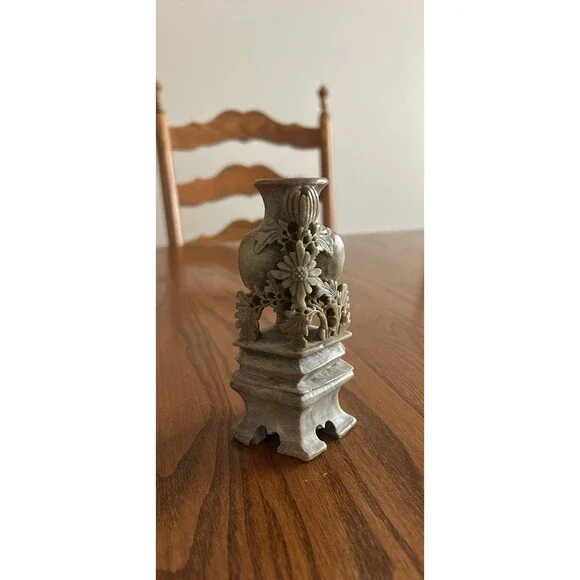 Vintage Chinese Hand Carved Soapstone Floral Vase Small Asian Art Decor