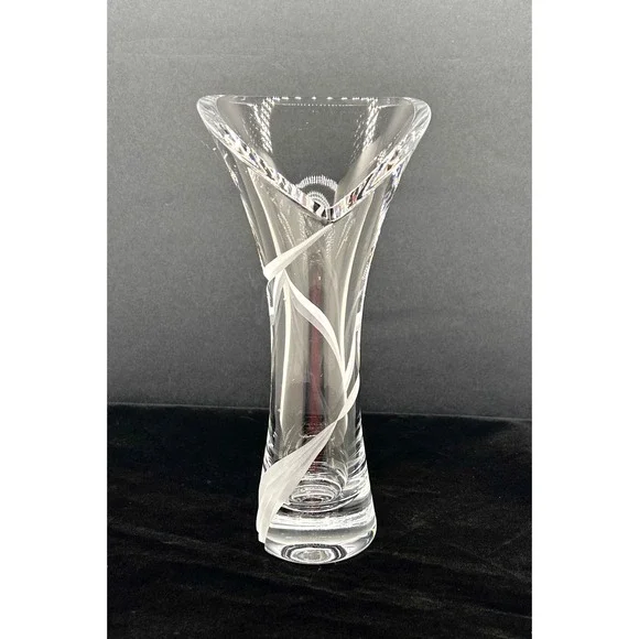 Clear Crystal Flared Vase Frosted Ribbon Etched Tri-Corner Rim 8.5 inch
