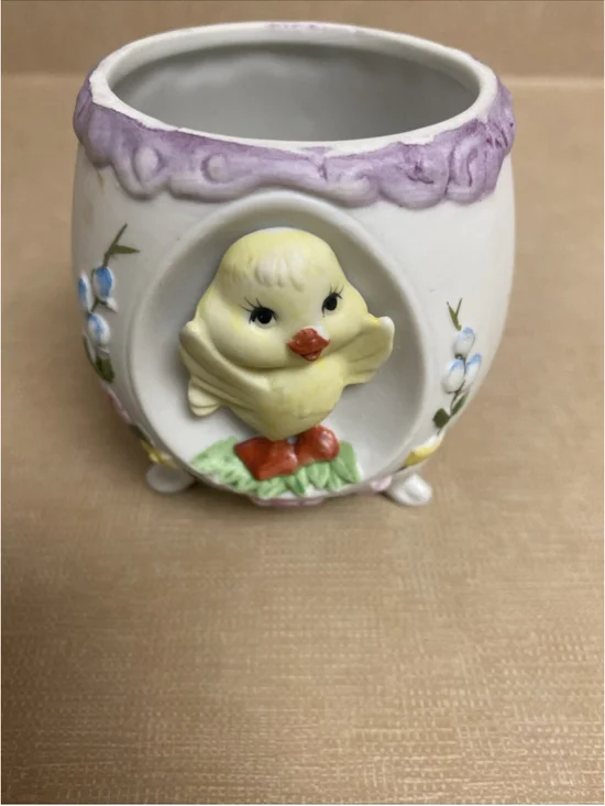 Vintage Lefton Bisque Easter Egg Planter With 3D Chick 01468