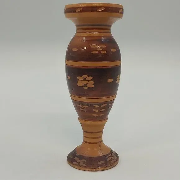 Hand Crafted Wooden Bud Vase Brown Carved Detailed Inlay Folk Art 6.9