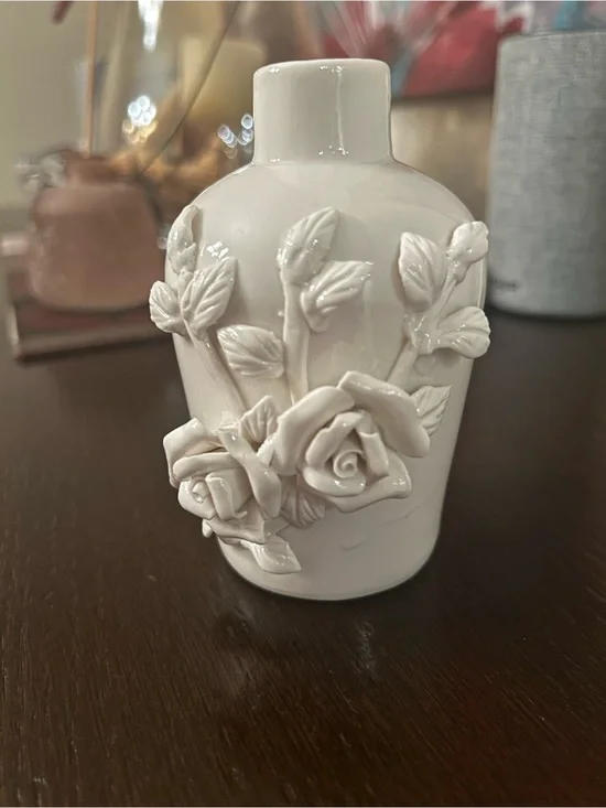 White Ceramic Vase with Raised Rose Applique — Decorative Accent