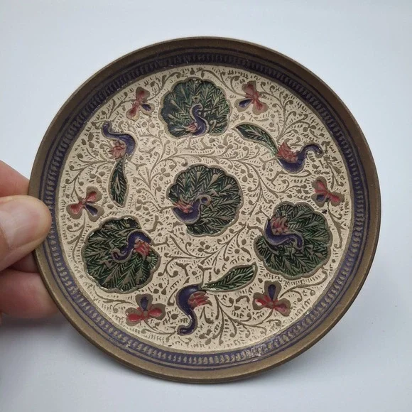 Vtg Hand-Etched Brass Trinket Plate Enamel Peacock Pheasant Floral 4