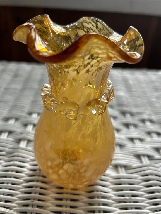 Vintage Art Glass Ruffled Handkerchief rim Vase in Amber Gold and White Speckles