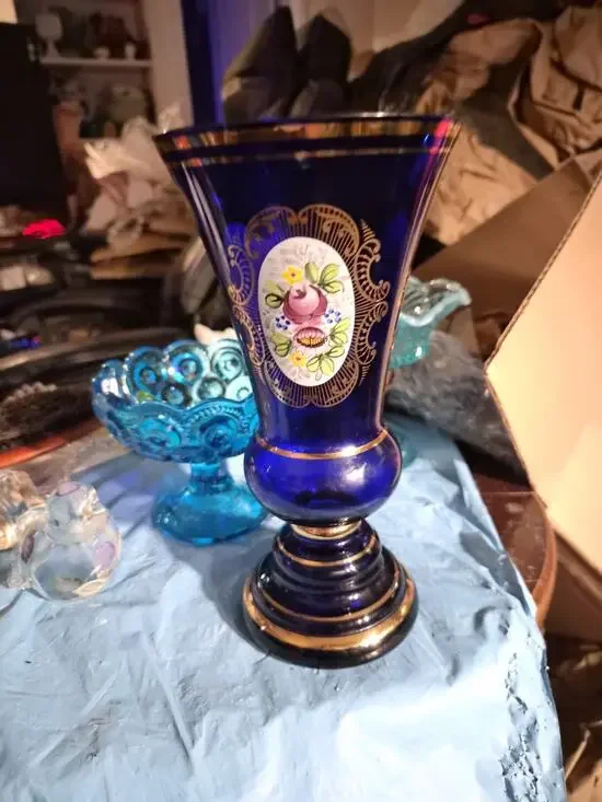 Vintage Bohemia Cobalt Blue Glass Vase Handpainted Colorful flowers Housed...