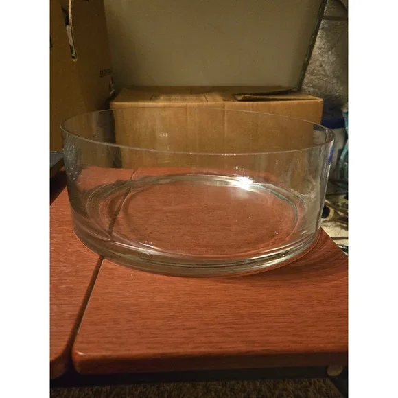 Clear Glass Cylinder Bowl Low Profile Round Centerpiece Vase Minimalist Decor