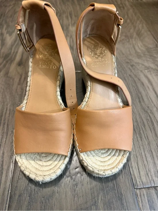 Vince Camuto Cognac Leather Espadrille Ankle-Strap Wedges