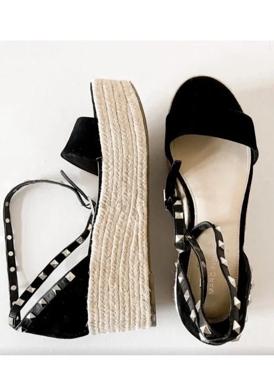 Marc Fisher Jazlyn Women 9.5 Black Suede Sexy Studded Strap Espadrilles