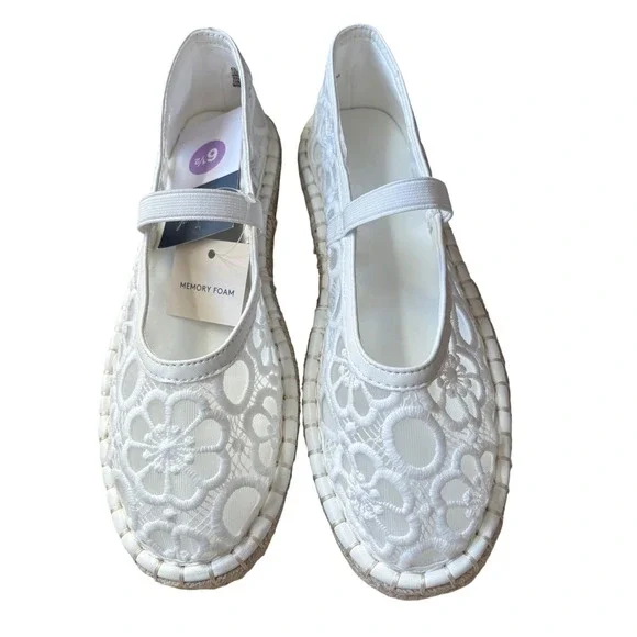 Universal Thread Celia White Floral Lace Espadrille Mary Jane Flats Size 6.5 NEW