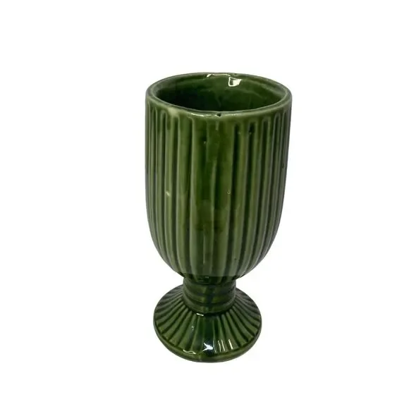 Pottery  Footed Vase Goblet MCM Green Farm‎ Cottage Pedestal  7.5