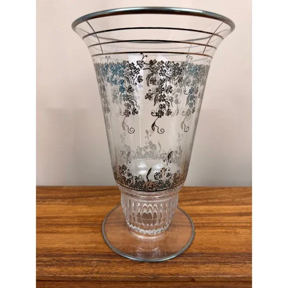 Vintage Art Deco Sterling Silver Overlay Glass Vase Floral Trumpet Pedestal 10in