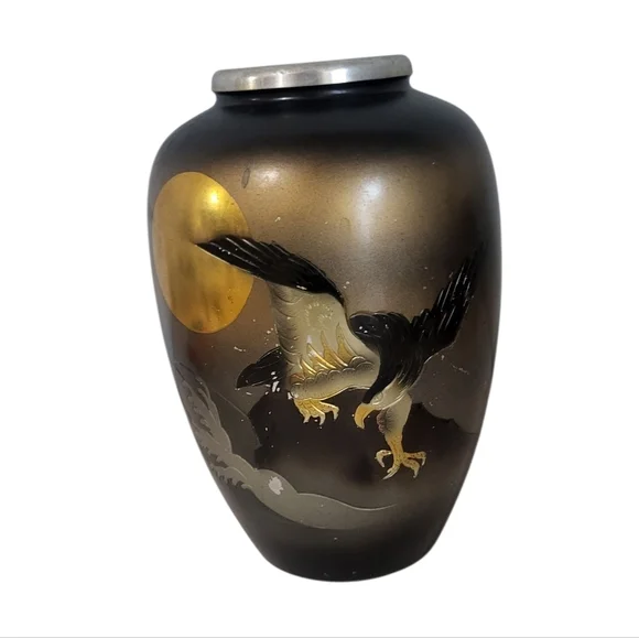Vintage Japanese Damascene Vase with Eagle and Moon Motif