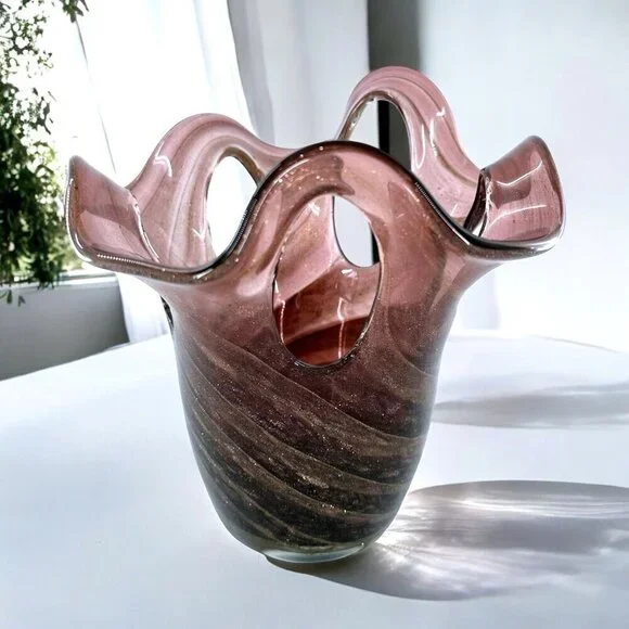 Vintage Purple and Gold Organic Swirl Handblown Art Glass Vase