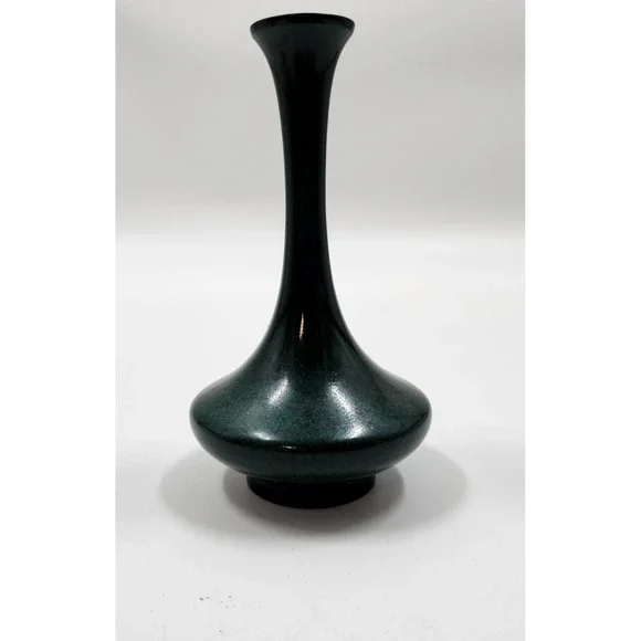 Vintage Miniature Bud Vase Dark Green Metal Mottled Enamel Finish 5.25 Inch