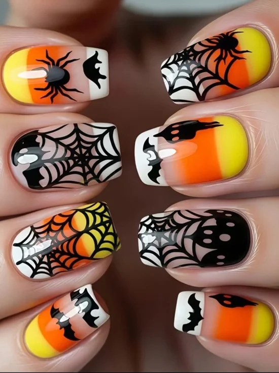 Halloween Gradient Press On Nails with Spiderweb, Bat & Candy Corn Design