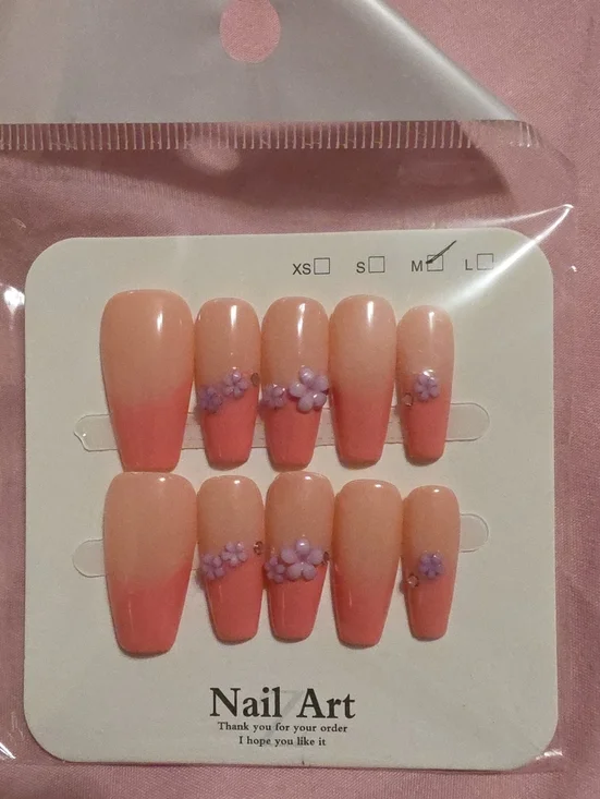 Peach Ombre Press-On Nails with Purple Floral Details -