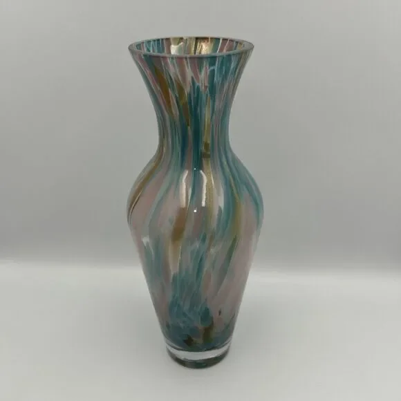 Hand Blown Art Glass Vase Pastel Swirl Gold Aventurine Murano Style 12