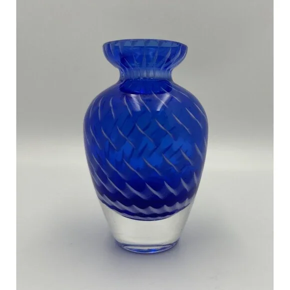 Art Glass Hand Blown White Cased Murano Style Bud Vase Blue White 4