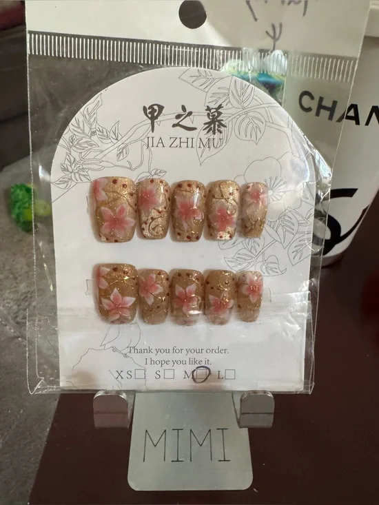 NEW Gold Glitter Pink Floral Press On Nails 3D Flower Glam Set (Short Squoval)